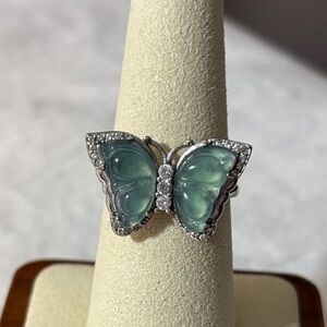 EUC Natural Jade Butterfly S925 Sterling Silver Adjustable Ring